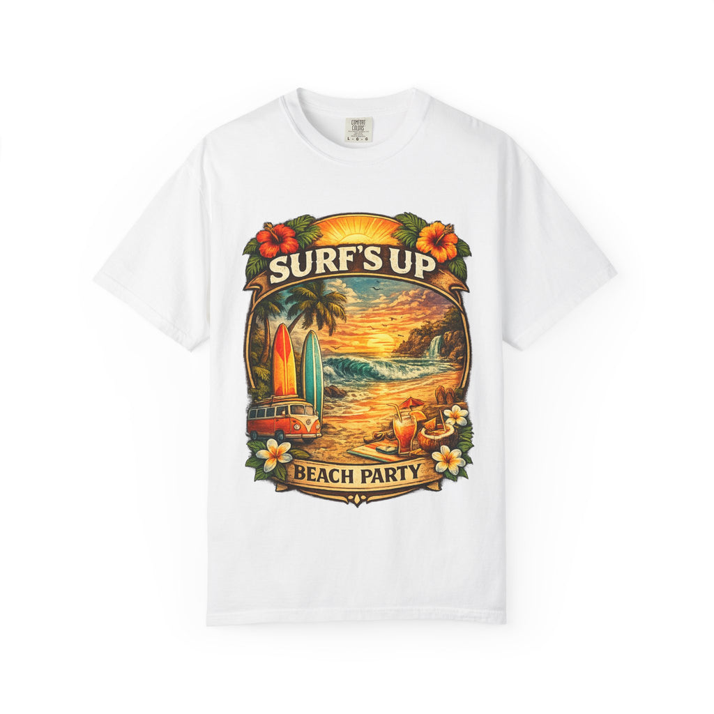 Surf's Up Beach Party T-Shirt — Vintage Sunset Surfboard Graphic