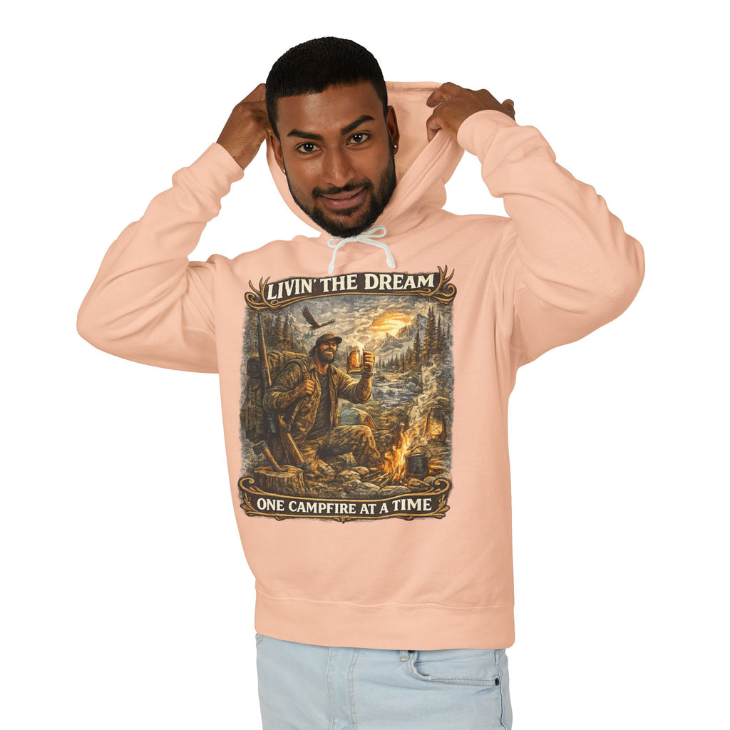 Livin' The Dream Campfire Hoodie — "One Campfire at a Time" Outdoor Pullover
