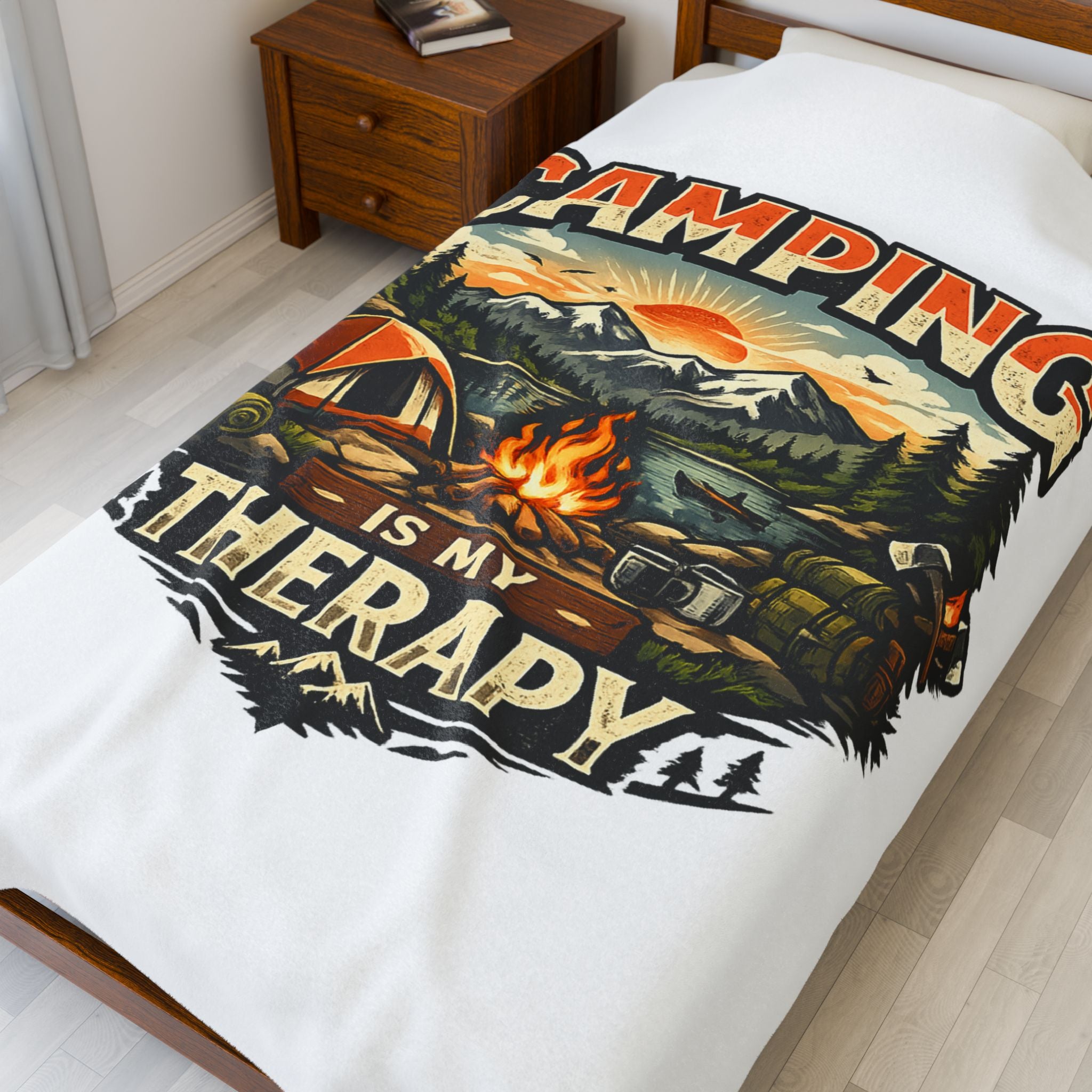 Velveteen Plush Blanket — "Camping Is My Therapy" Cozy Outdoor Camping Throw