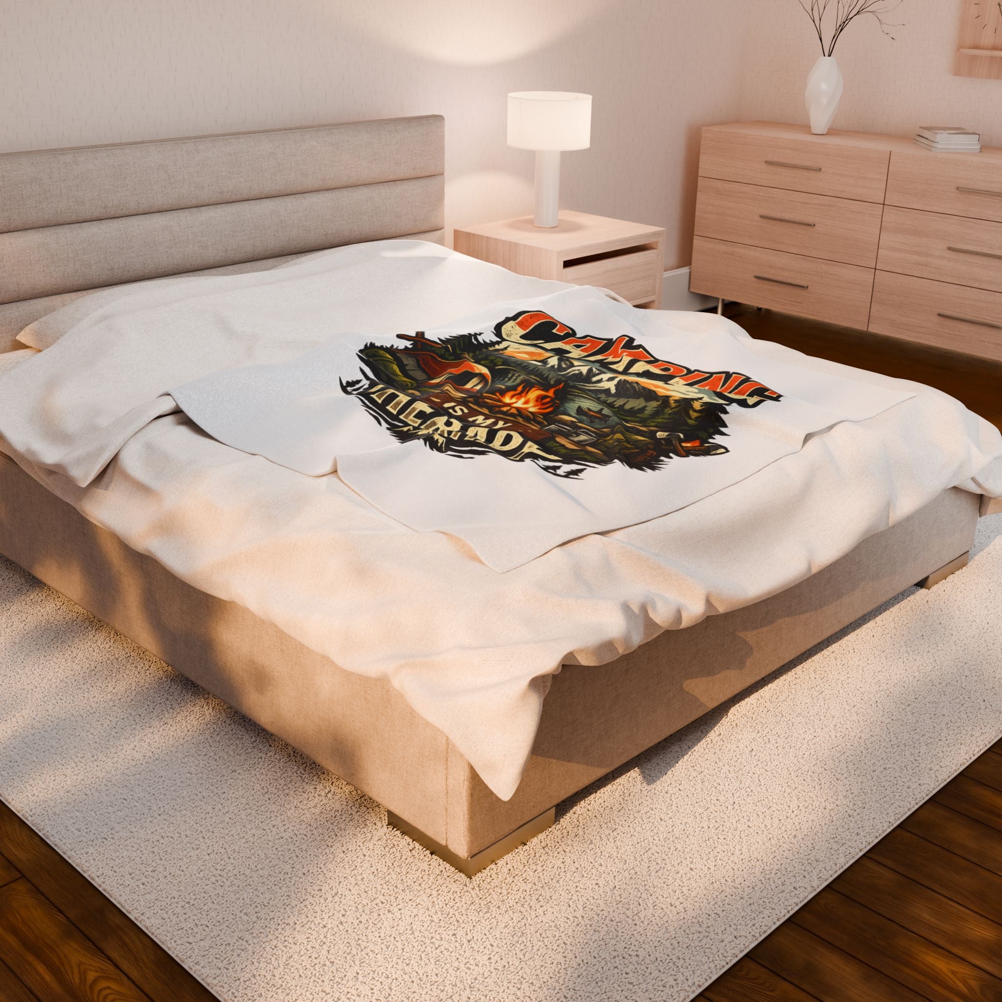 Velveteen Plush Blanket — "Camping Is My Therapy" Cozy Outdoor Camping Throw