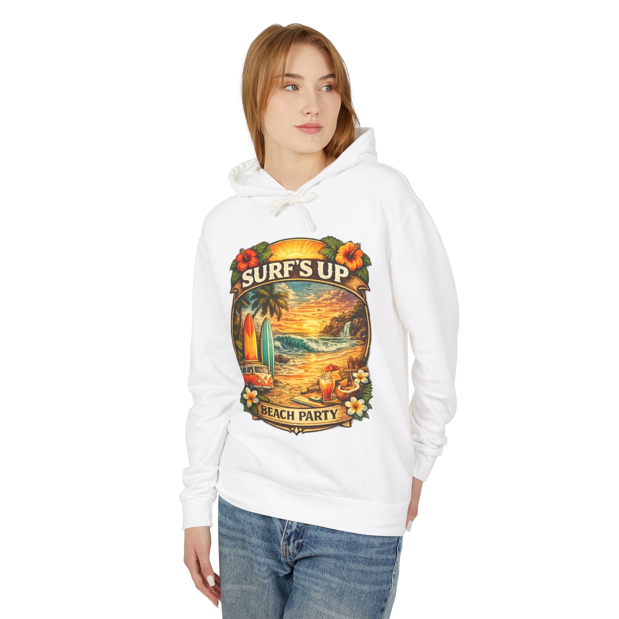 Surf's Up Beach Party Hoodie — Vintage Sunset Surfboard Pullover
