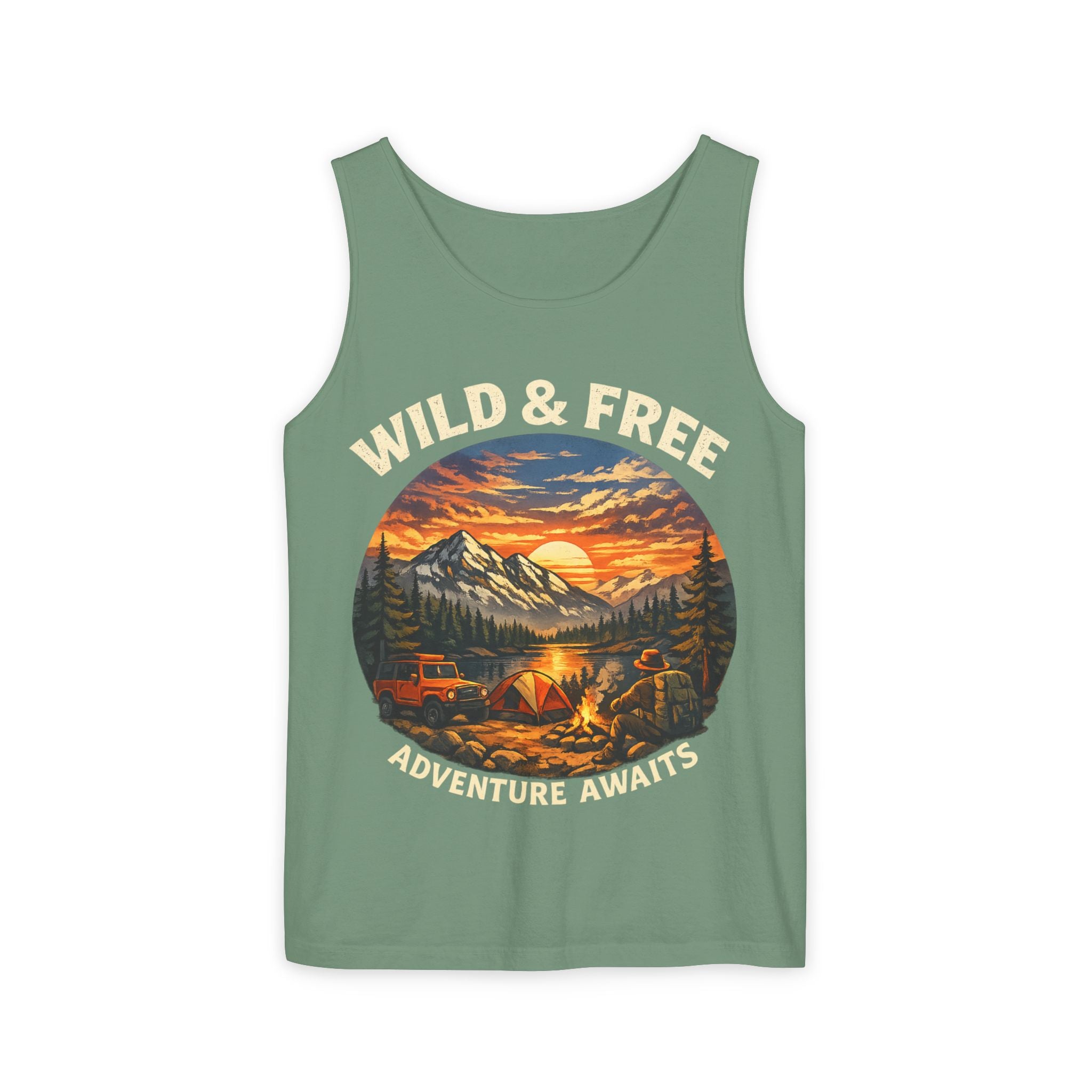 Tank Top — "Wild & Free" Sunset Mountain Camping Graphic
