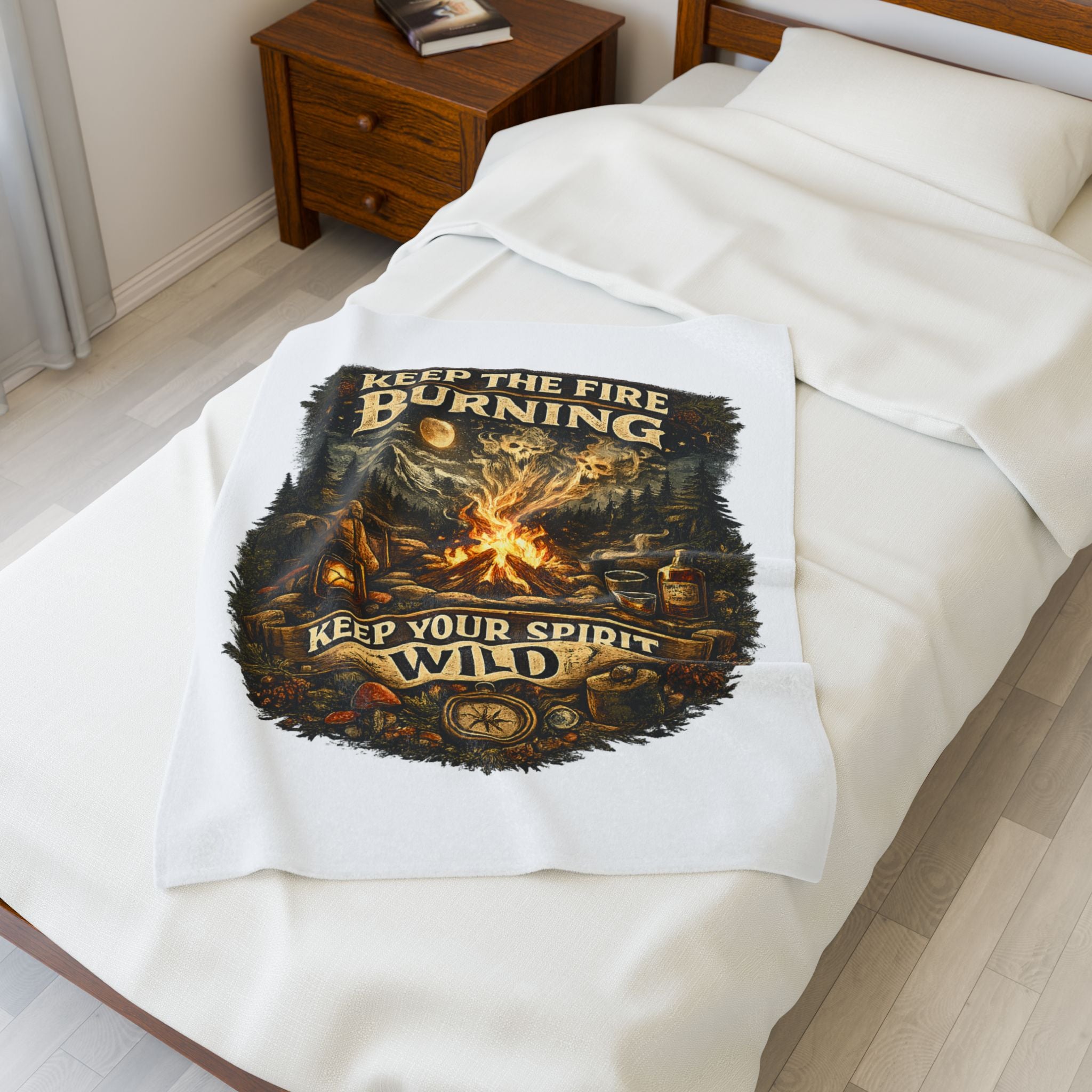 Camping Velveteen Plush Blanket — "Keep the Fire Burning, Keep Your Spirit Wild" Cozy Outdoor Throw