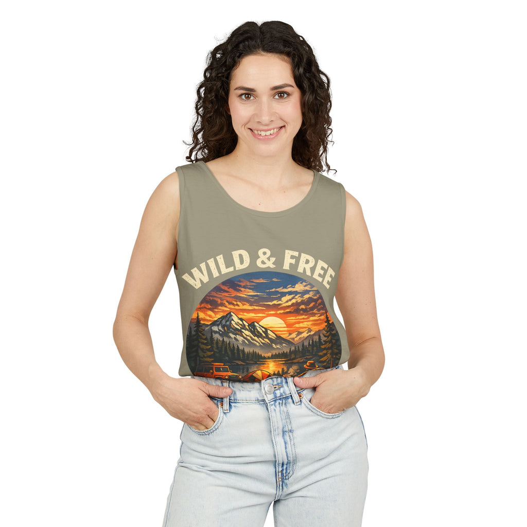 Tank Top — "Wild & Free" Sunset Mountain Camping Graphic