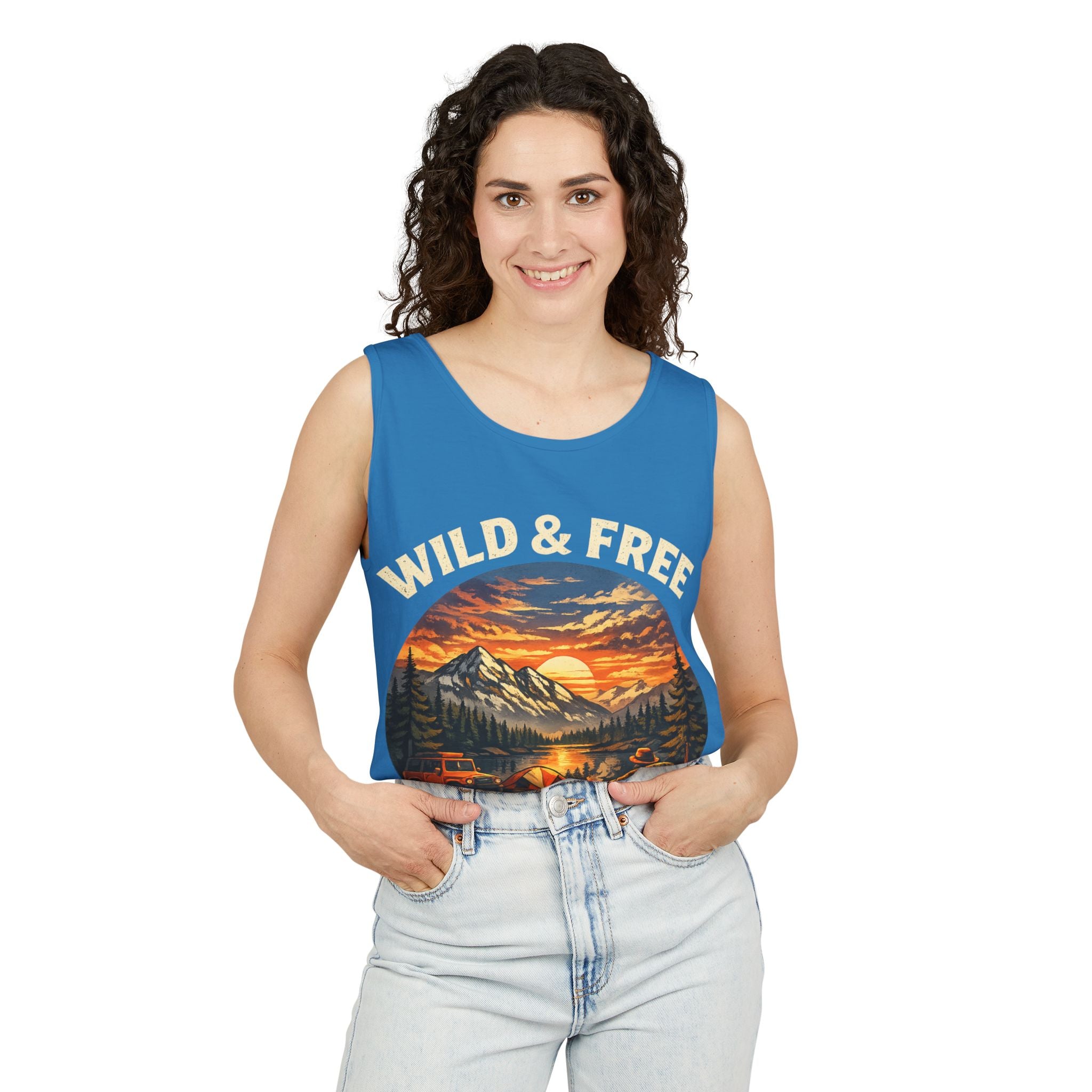 Tank Top — "Wild & Free" Sunset Mountain Camping Graphic