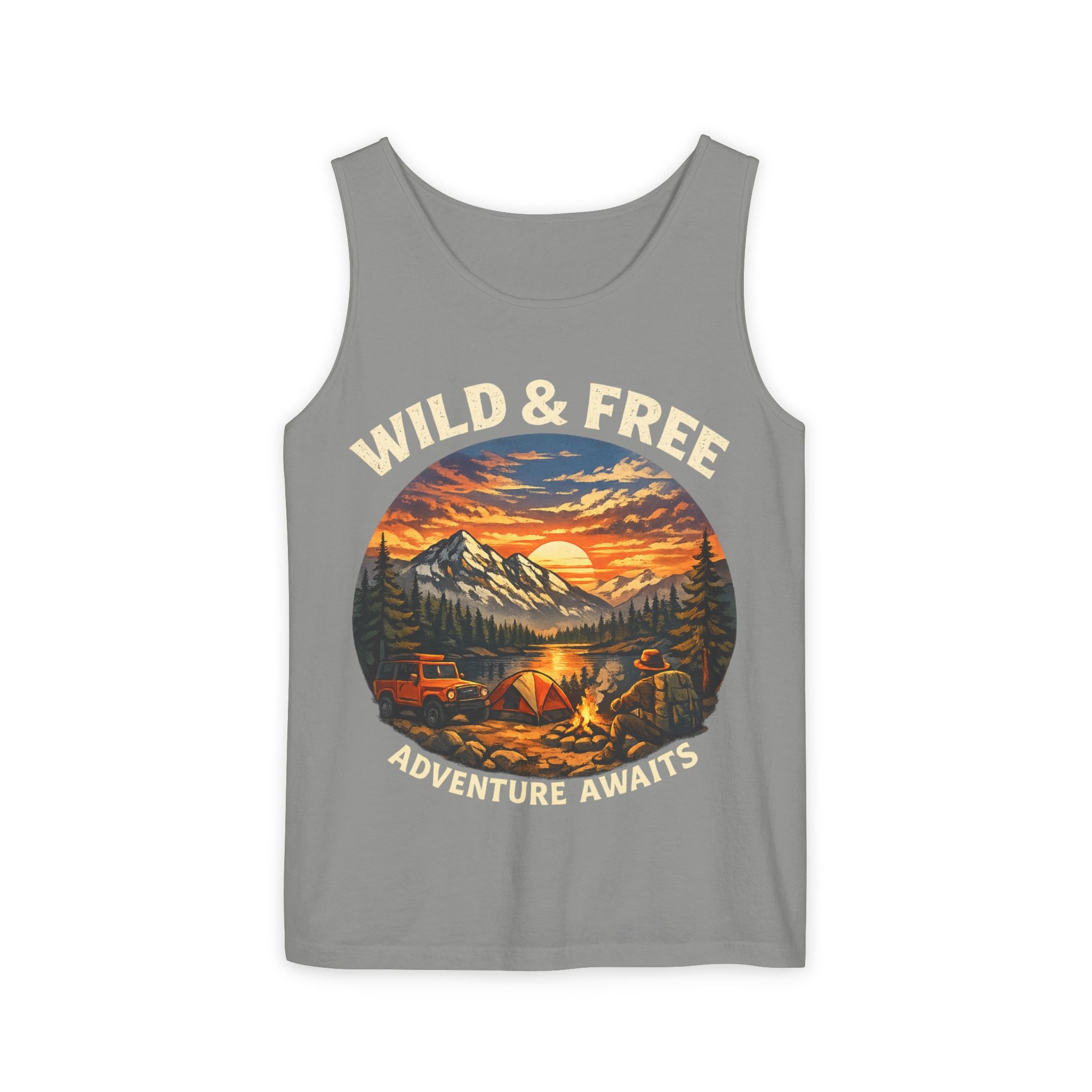 Tank Top — "Wild & Free" Sunset Mountain Camping Graphic