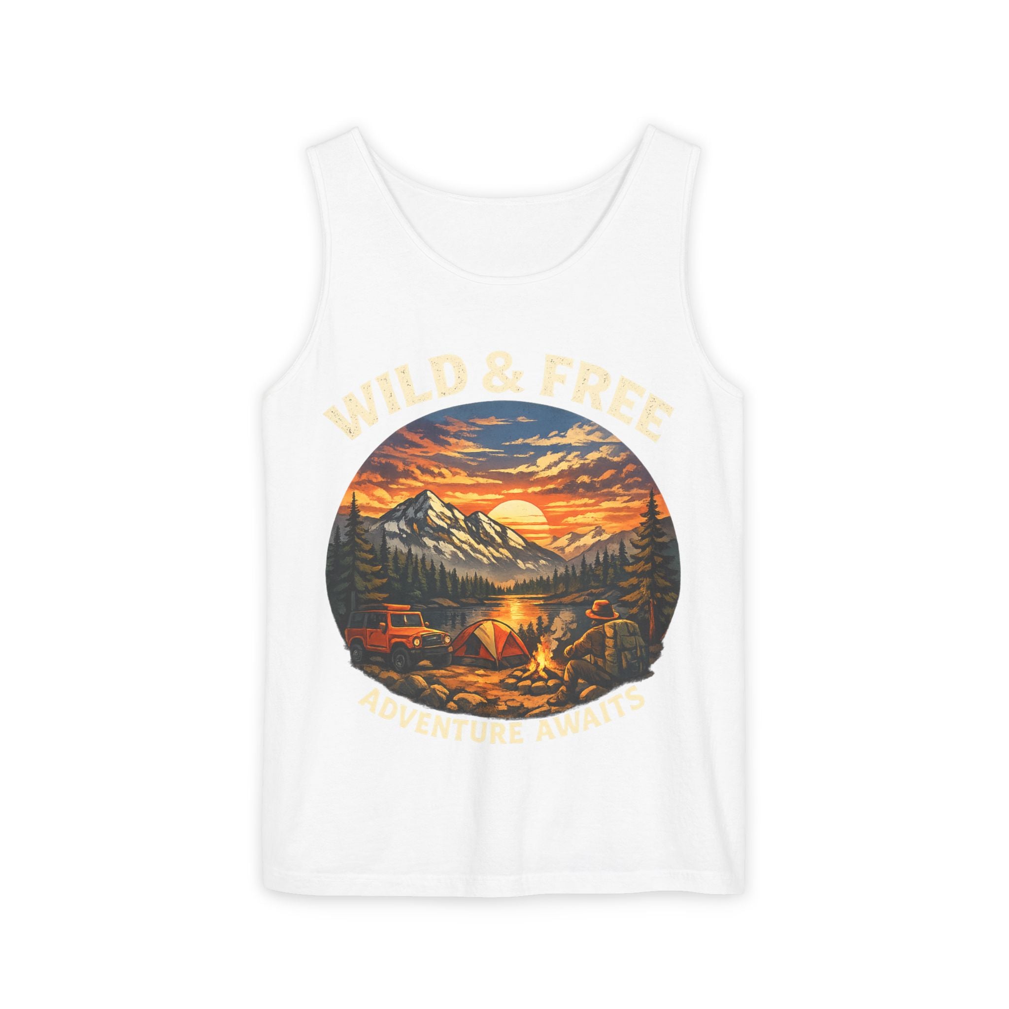 Tank Top — "Wild & Free" Sunset Mountain Camping Graphic