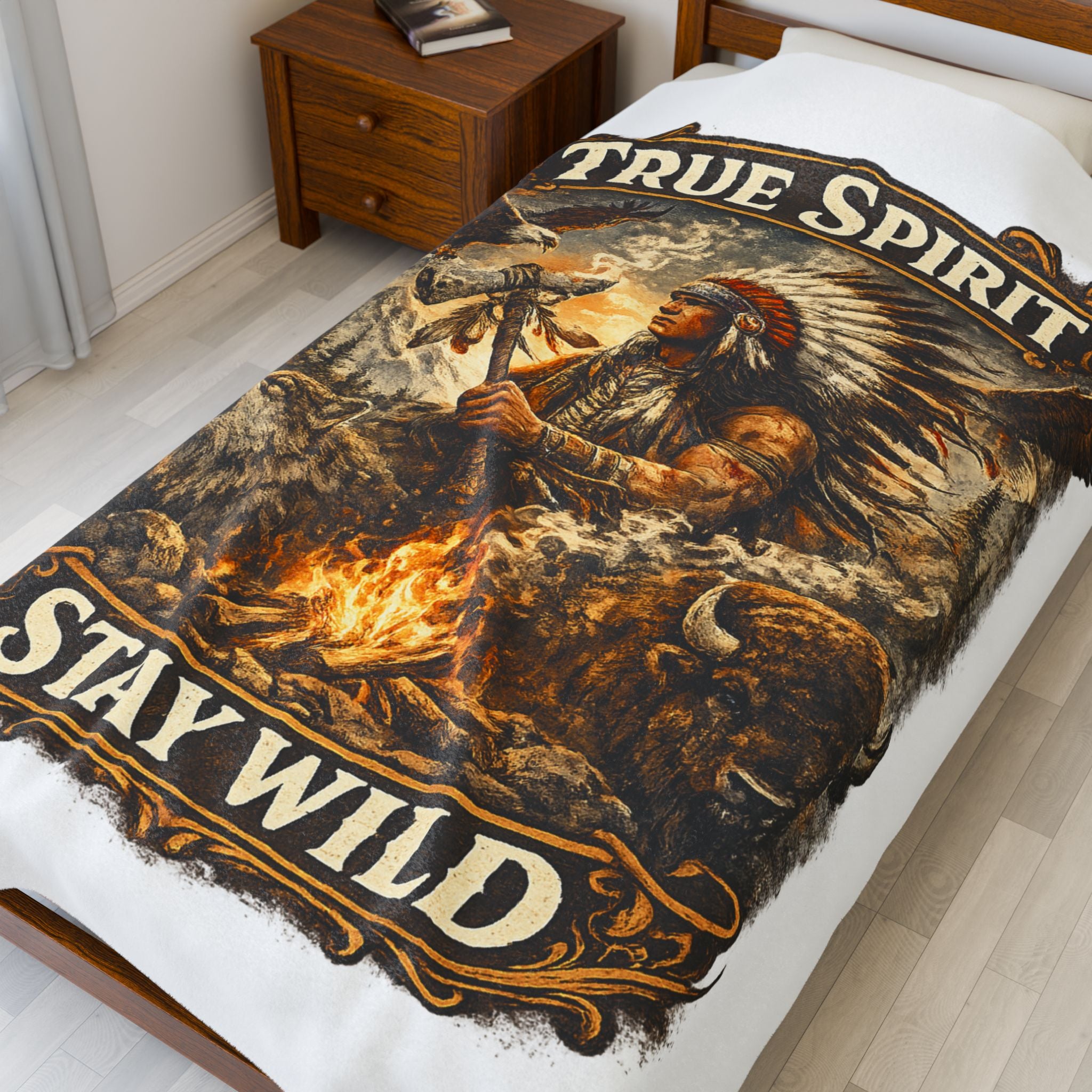 Velveteen Blanket — "True Spirit Stay Wild" Native Warrior Campfire Design