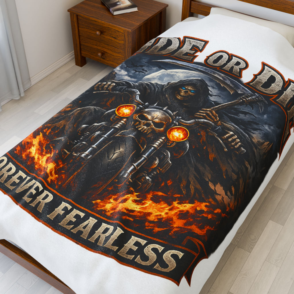 Ride or Die "Forever Fearless" Velveteen Plush Blanket — Biker Grim Reaper Motorcycle Throw